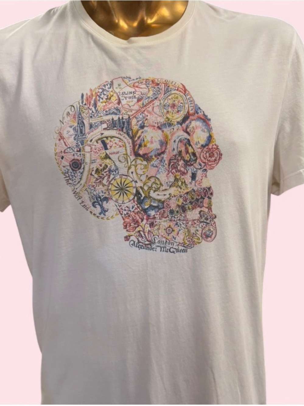 Alexander McQueen White Tee with Multicolor Decorative Skull Print